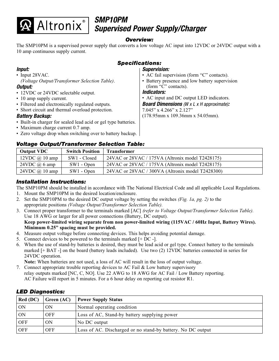 Altronix SMP10PM Installation Instructions User Manual | 2 pages