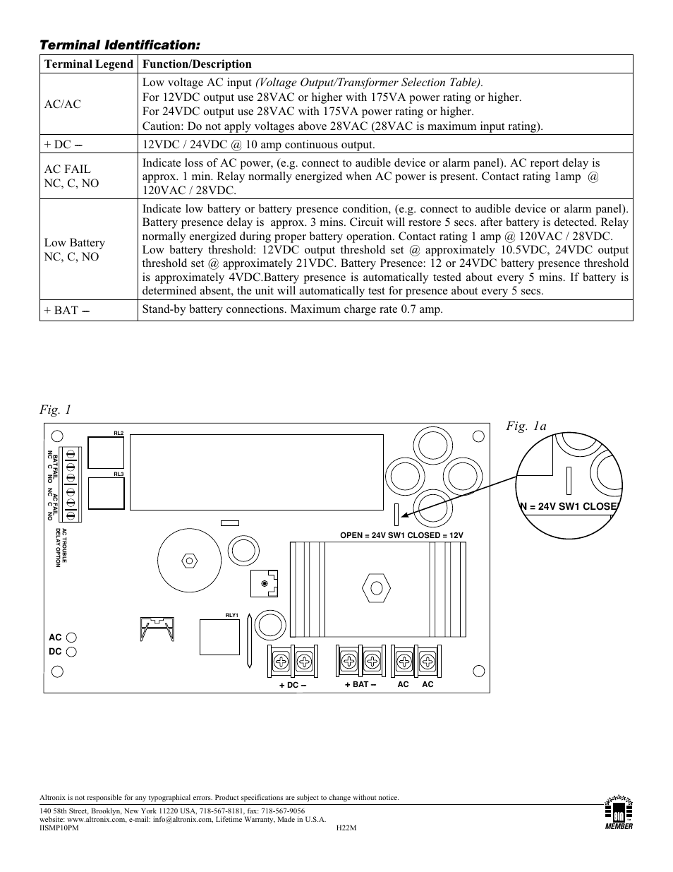 Terminal identification, Fig. 1 fig. 1a | Altronix SMP10PM Installation Instructions User Manual | Page 2 / 2