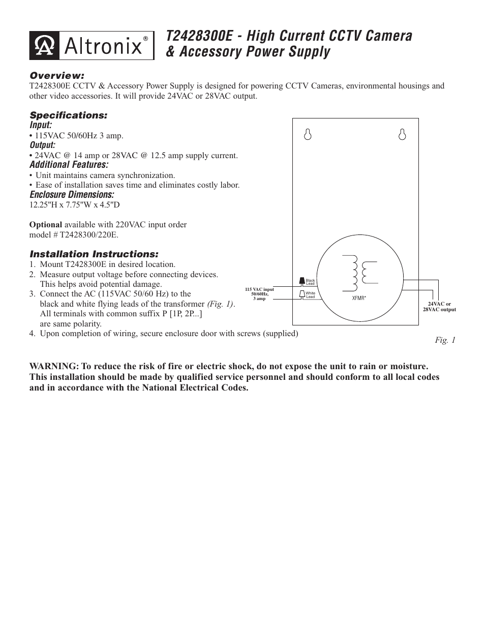 Altronix T2428300E Installation Instructions User Manual | 2 pages