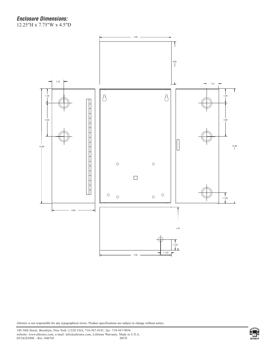 Enclosure dimensions | Altronix T2428300E Installation Instructions User Manual | Page 2 / 2