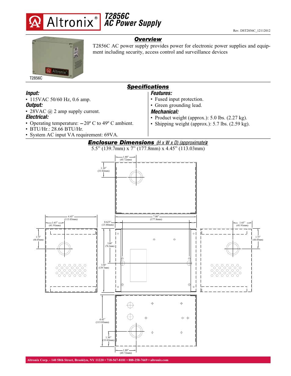 Altronix T2856C Data Sheet User Manual | 1 page