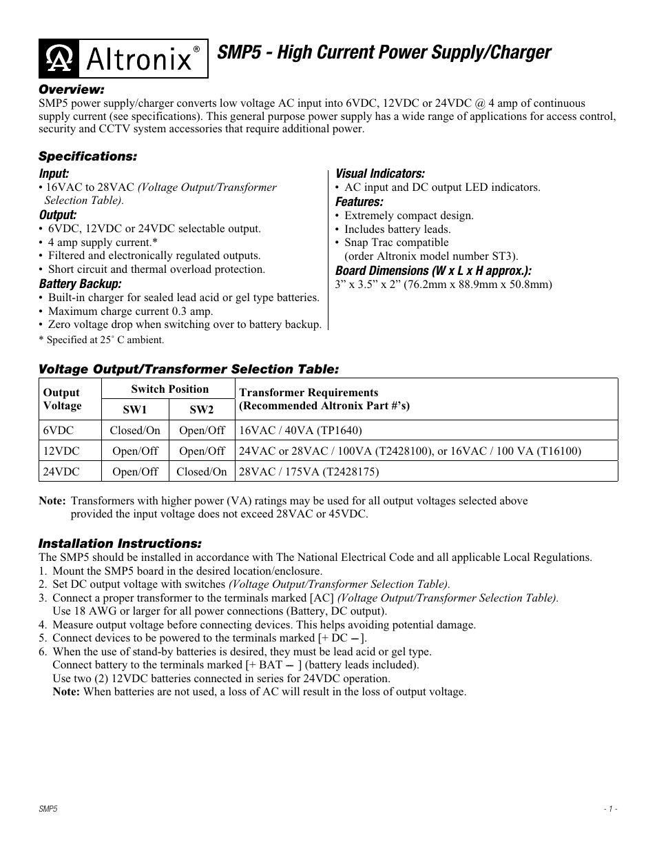 Altronix SMP5 Installation Instructions User Manual | 2 pages