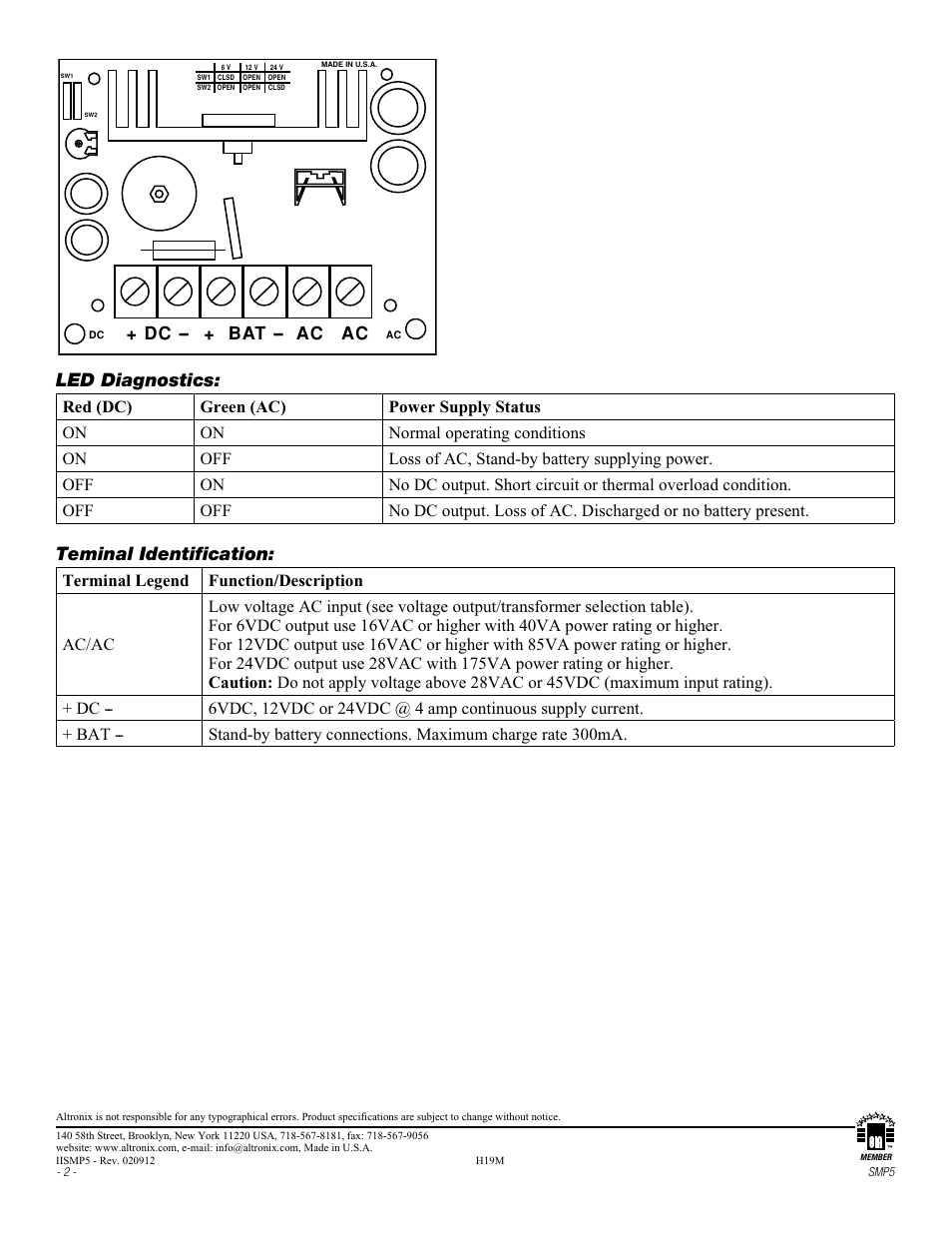 Led diagnostics, Teminal identification | Altronix SMP5 Installation Instructions User Manual | Page 2 / 2