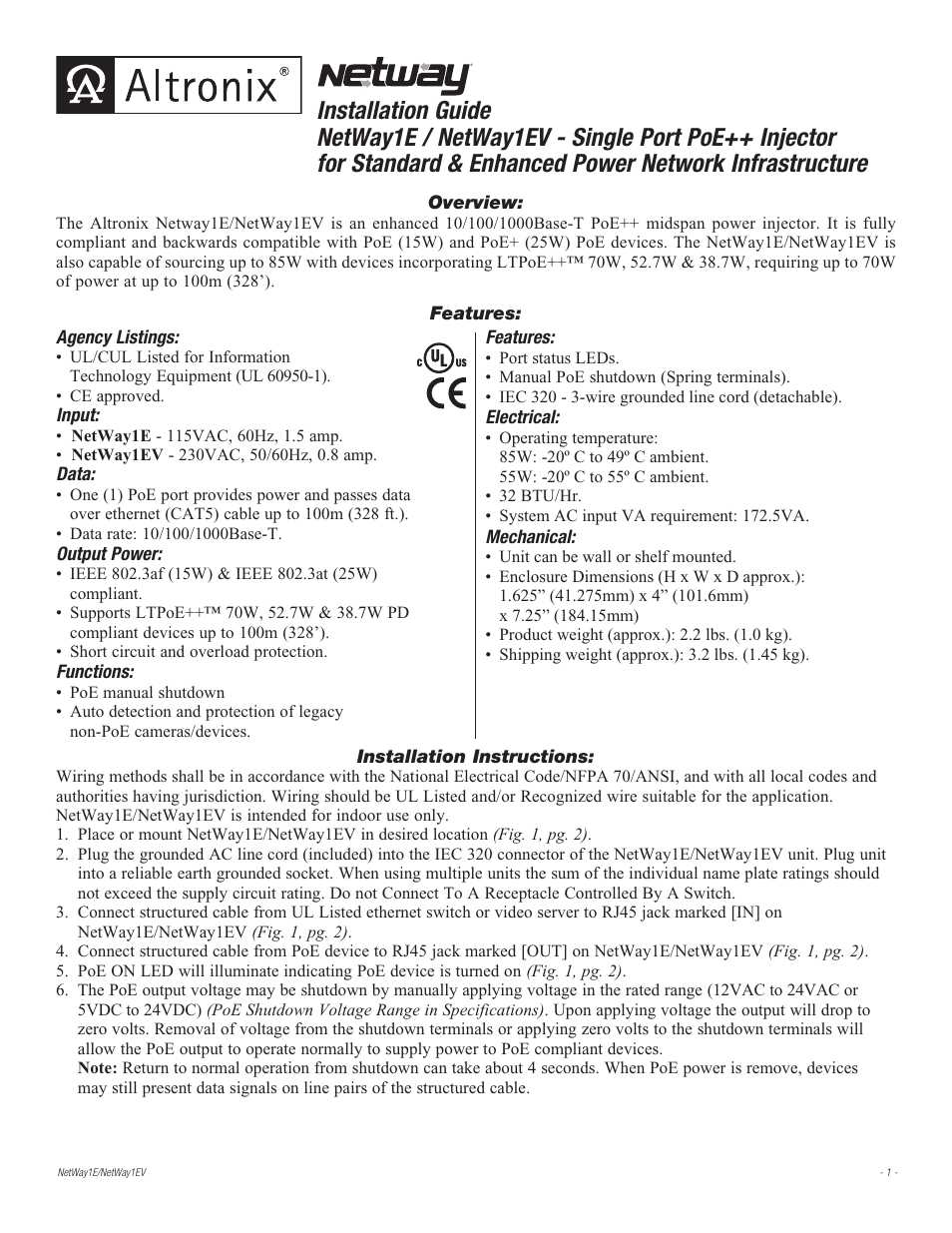 Altronix NetWay1EV Installation Instructions User Manual | 2 pages
