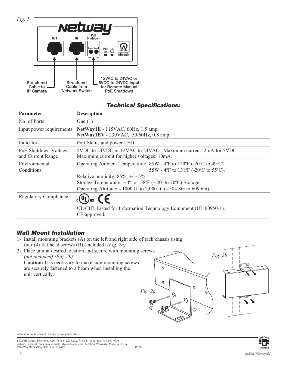 Technical specifications, Wall mount installation | Altronix NetWay1EV Installation Instructions User Manual | Page 2 / 2