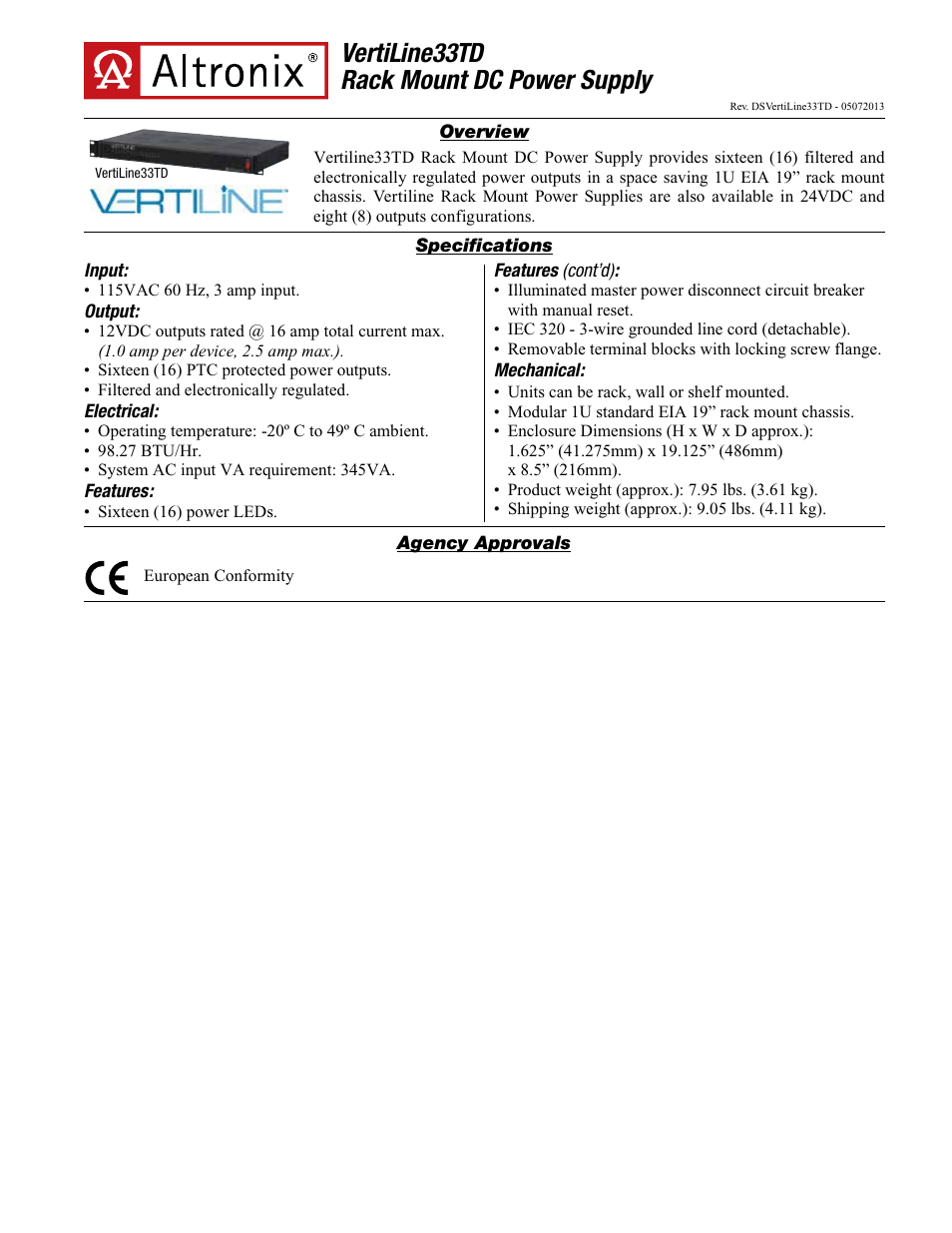 Altronix VertiLine33TD Data Sheet User Manual | 2 pages