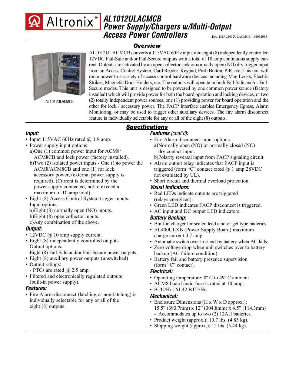 Altronix AL1012ULACMCB Data Sheet User Manual | 2 pages