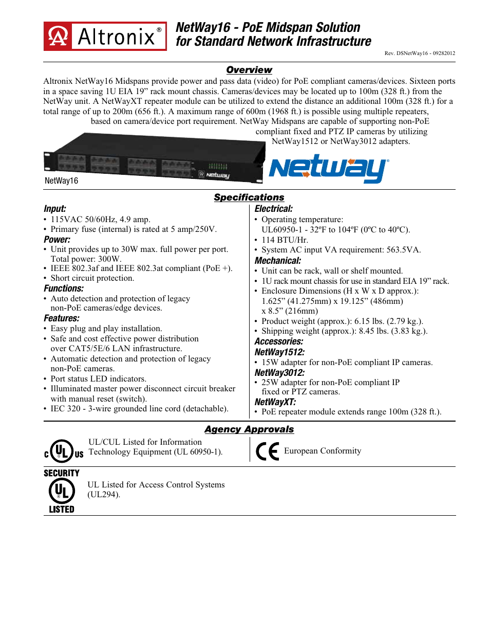 Altronix NetWay16 Data Sheet User Manual | 2 pages