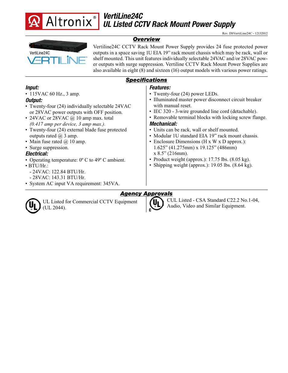 Altronix VertiLine24C Data Sheet User Manual | 2 pages