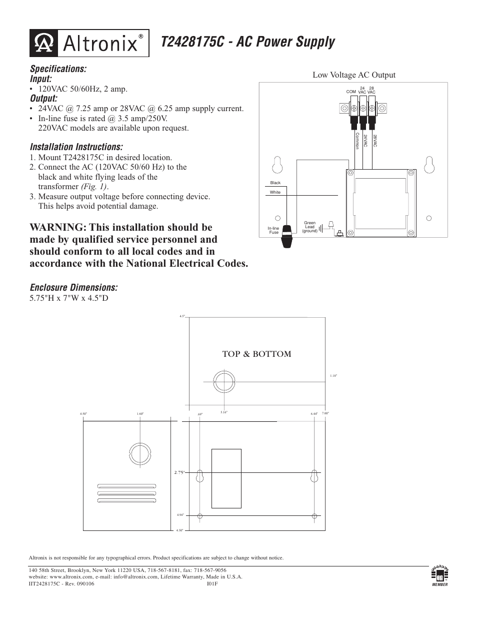 Altronix T2428175C Installation Instructions User Manual | 1 page