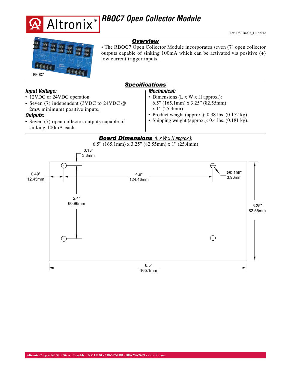 Altronix RBOC7 Data Sheet User Manual | 1 page