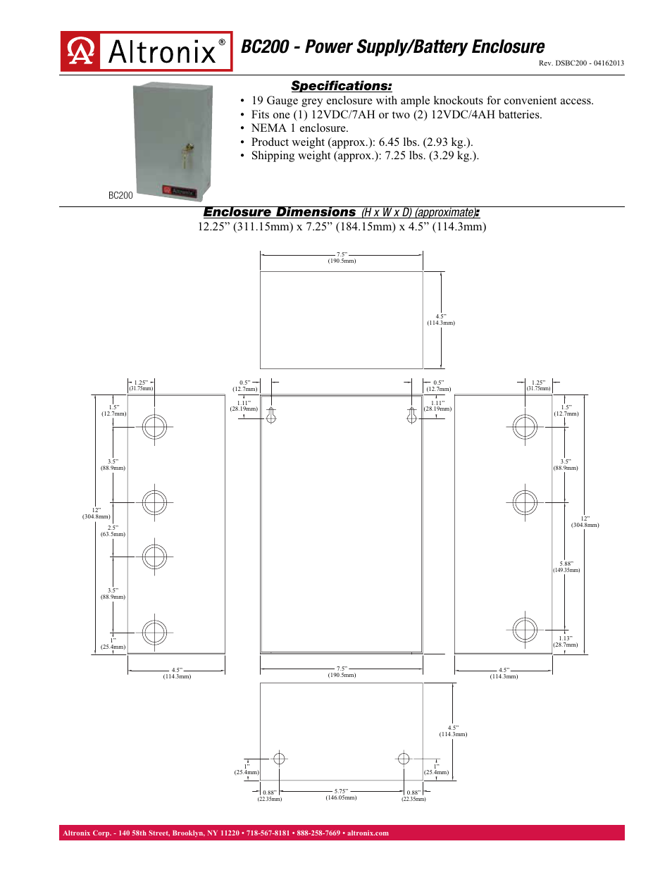 Altronix BC200 Data Sheet User Manual | 1 page