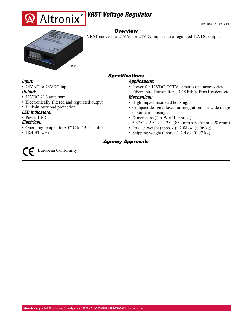 Altronix VR5T Data Sheet User Manual | 1 page