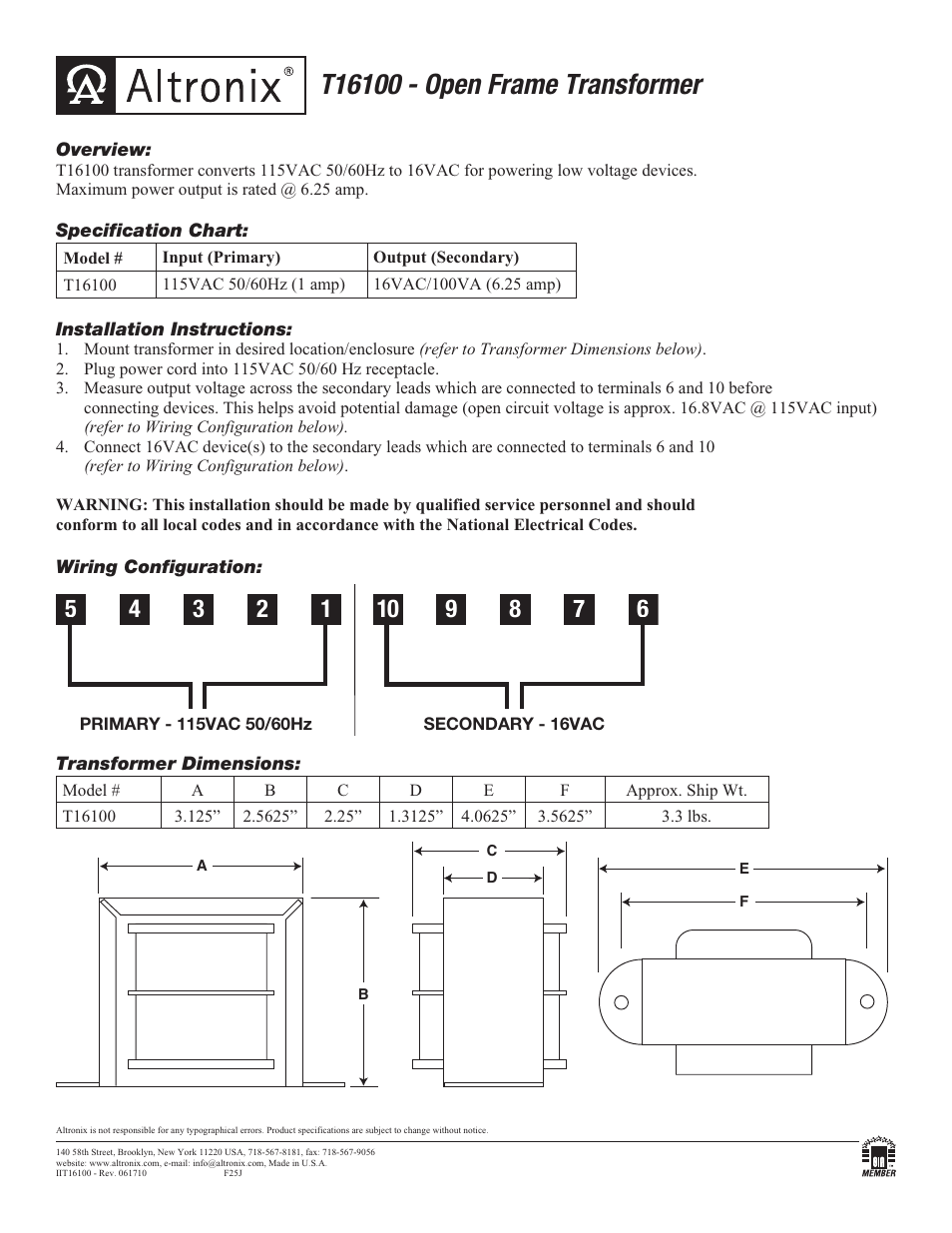 Altronix T16100 Installation Instructions User Manual | 1 page