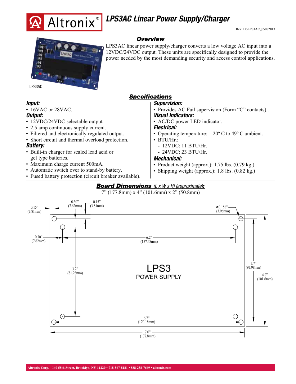 Altronix LPS3AC Data Sheet User Manual | 1 page