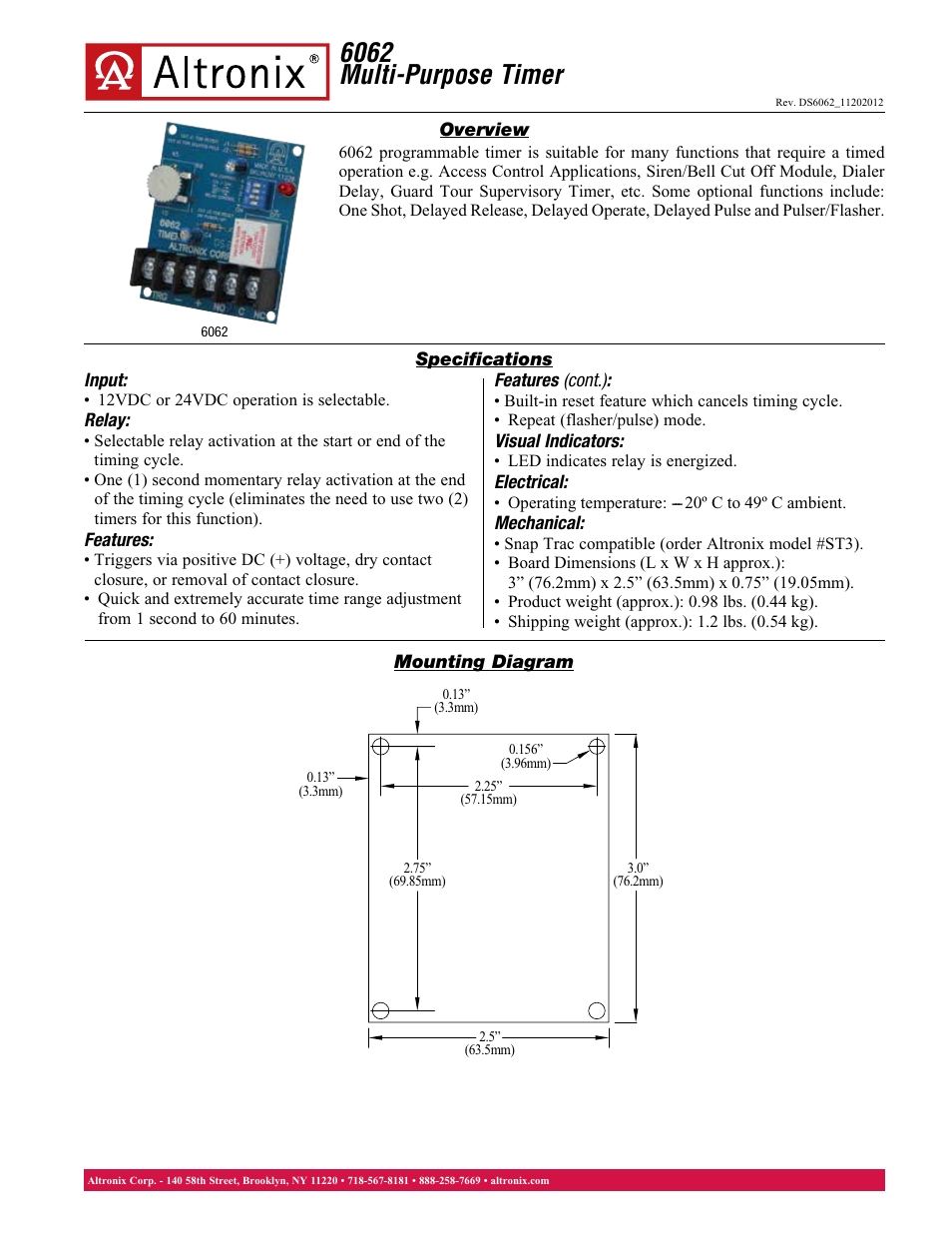 Altronix 6062 Data Sheet User Manual | 1 page