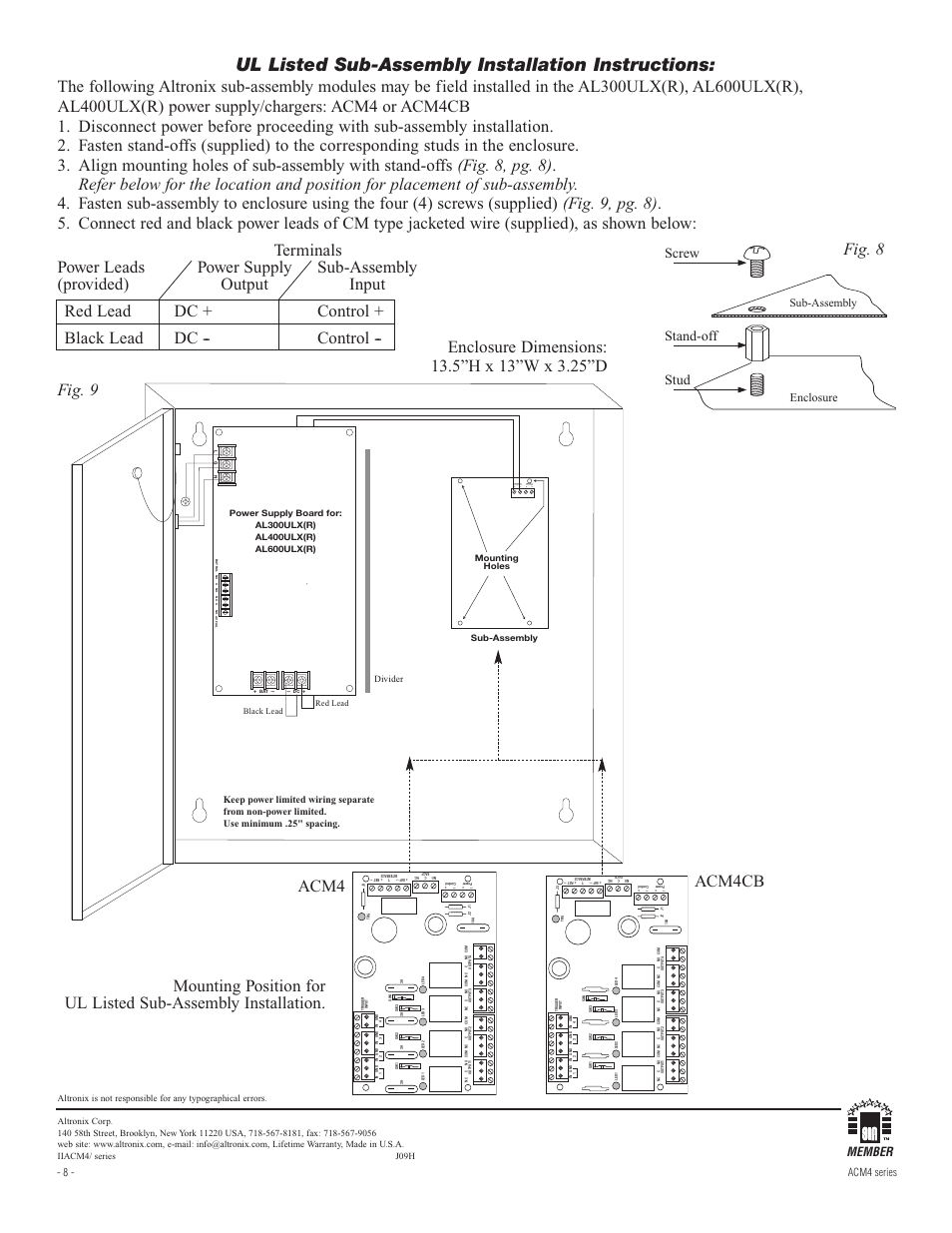 Ul listed sub-assembly installation instructions, Acm4cb, Screw | Stand-off stud, Enclosure, Member, Sub-assembly, 8 - acm4 series, Divider, Sub-assembly mounting holes | Altronix ACM4E Installation Instructions User Manual | Page 8 / 8