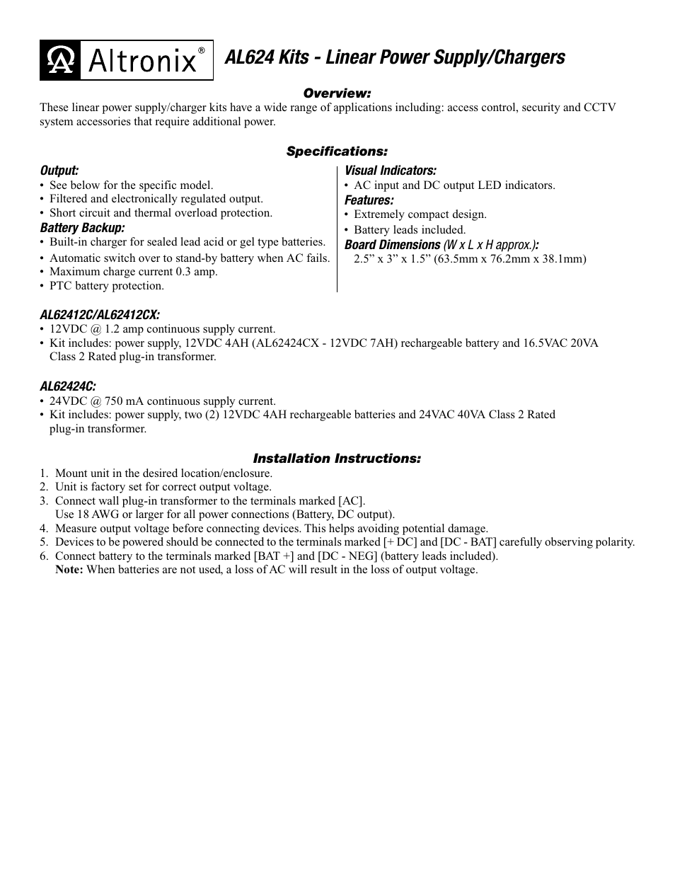 Altronix AL624 Installation Instructions User Manual | 2 pages