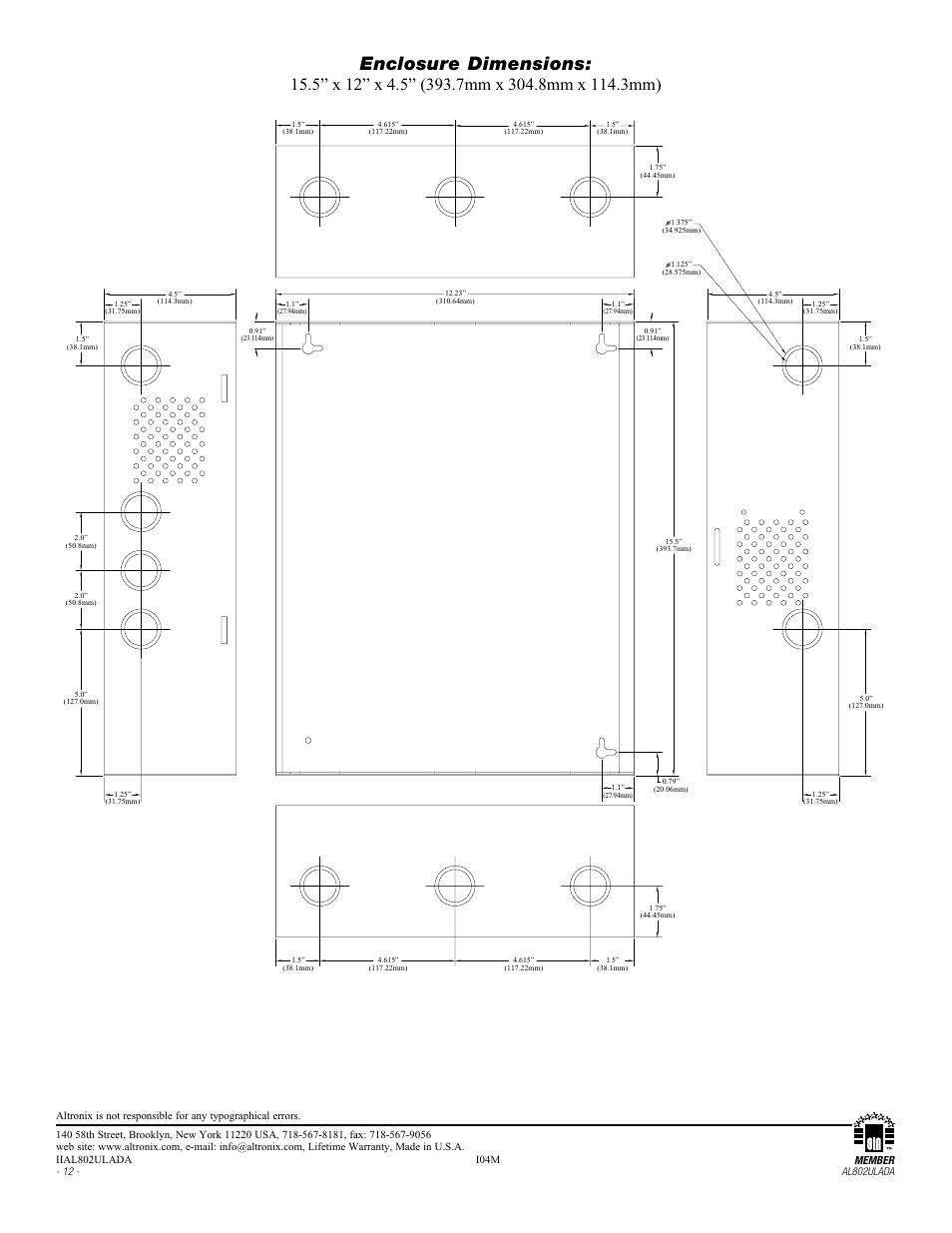Enclosure dimensions | Altronix AL802ULADA Installation Instructions User Manual | Page 12 / 12