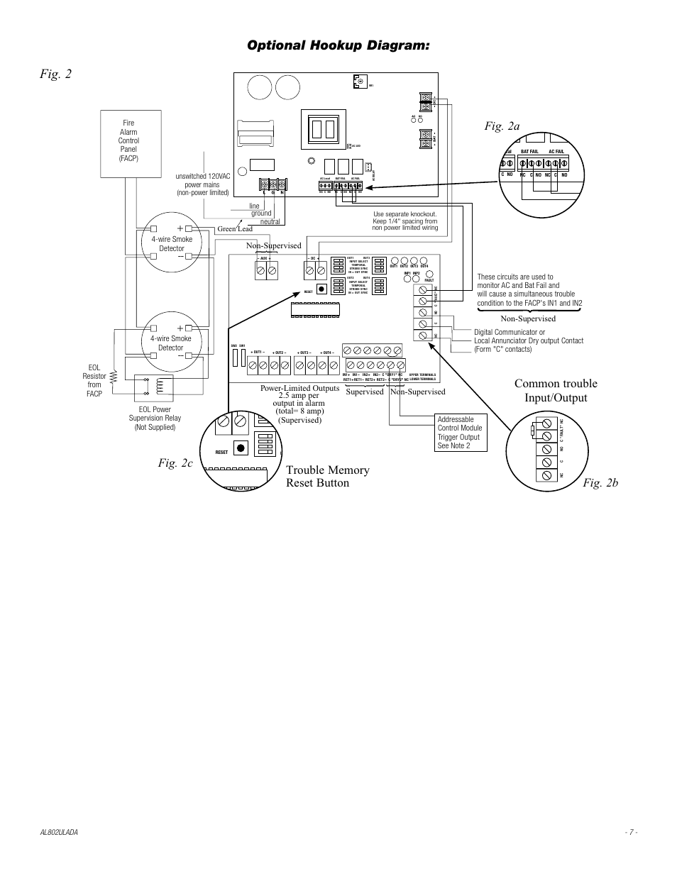 Line ground neutral, Unswitched 120vac power mains (non-power limited), Fig. 2 | Green lead, Optional hookup diagram, Fig. 2b fig. 2a, Line ground neutral green lead | Altronix AL802ULADA Installation Instructions User Manual | Page 7 / 12