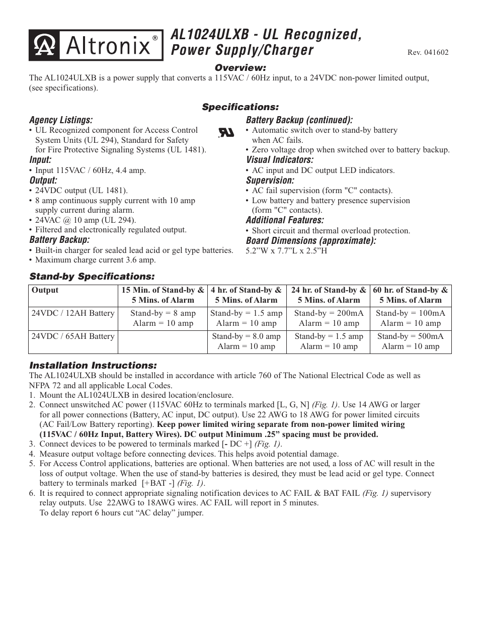Altronix AL1024ULXB Installation Instructions User Manual | 2 pages