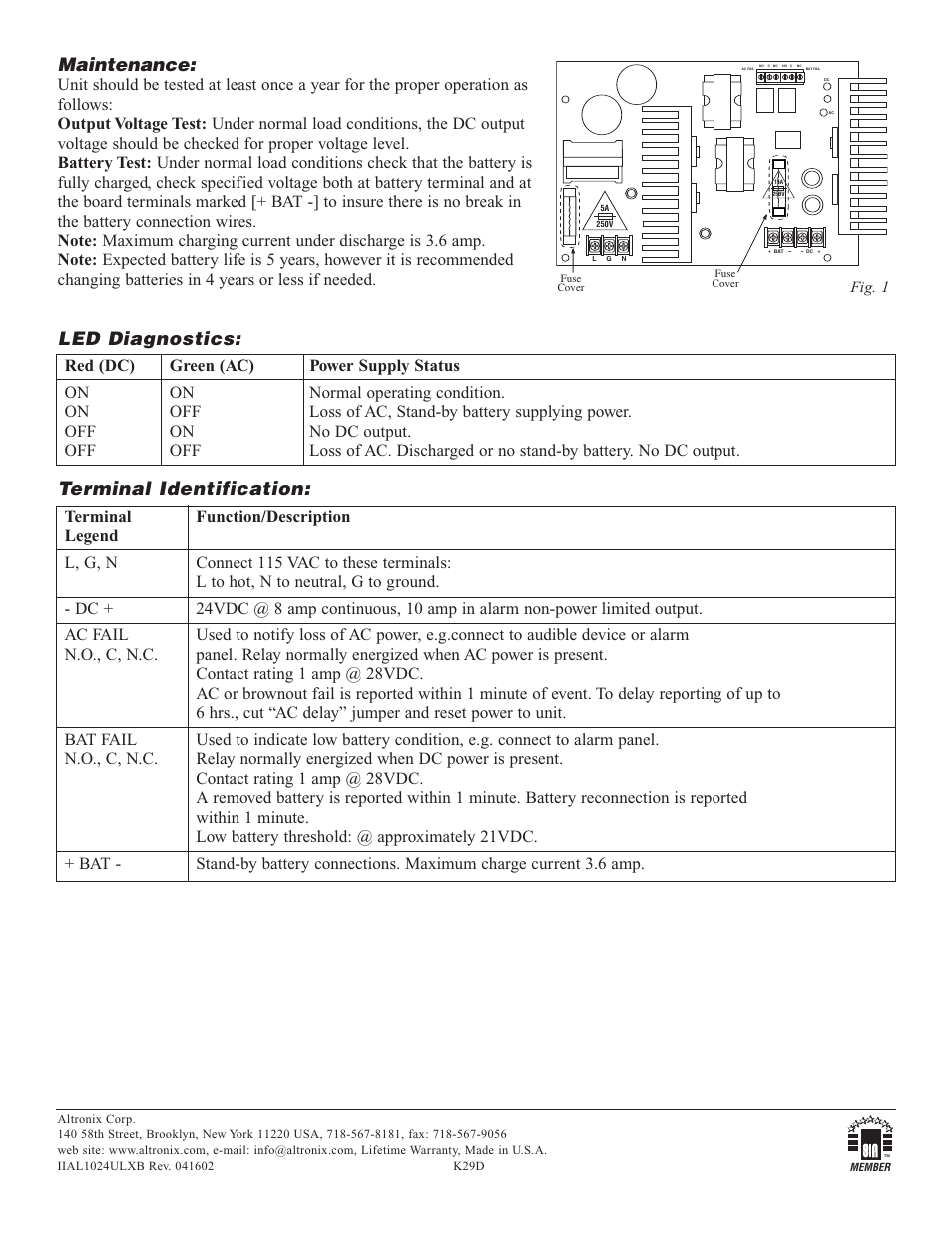 Maintenance, Led diagnostics, Terminal identification | Altronix AL1024ULXB Installation Instructions User Manual | Page 2 / 2