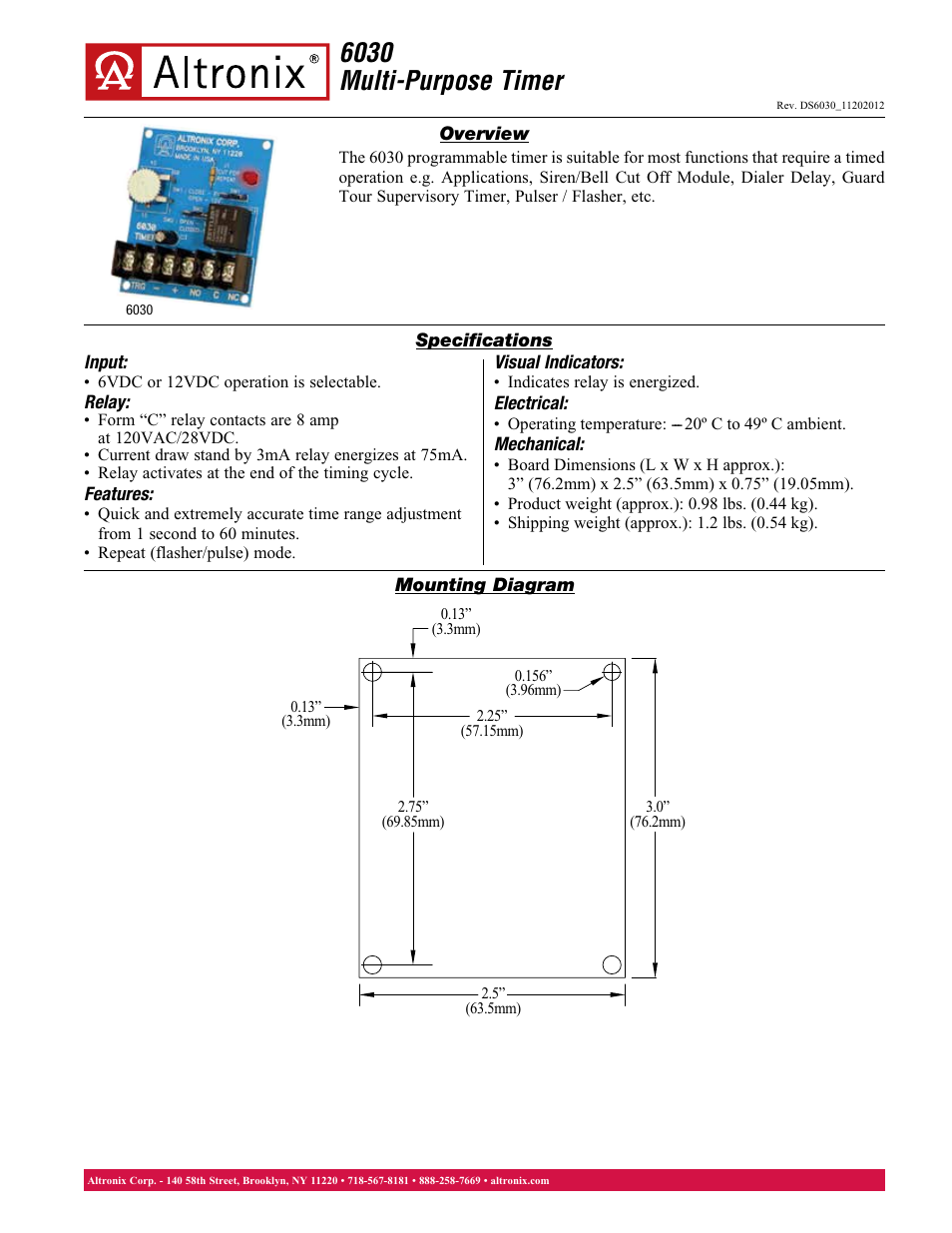 Altronix 6030 Data Sheet User Manual | 1 page