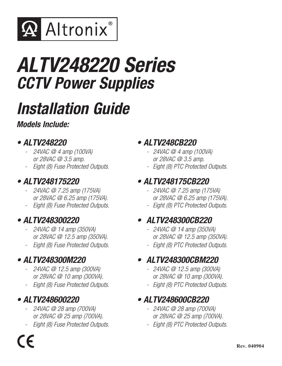 Altronix ALTV248220 Series Installation Instructions User Manual | 8 pages