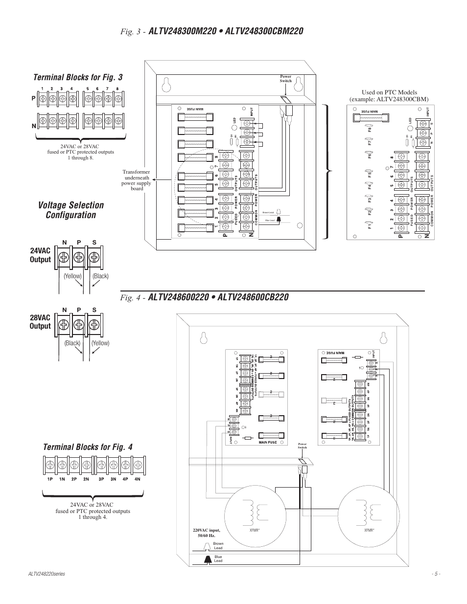 Voltage selection configuration, Fig. 3, Terminal blocks for fig. 3 | Fig. 4, Terminal blocks for fig. 4, 24vac output, 28vac output, Yellow) (black) (black) (yellow) | Altronix ALTV248220 Series Installation Instructions User Manual | Page 5 / 8