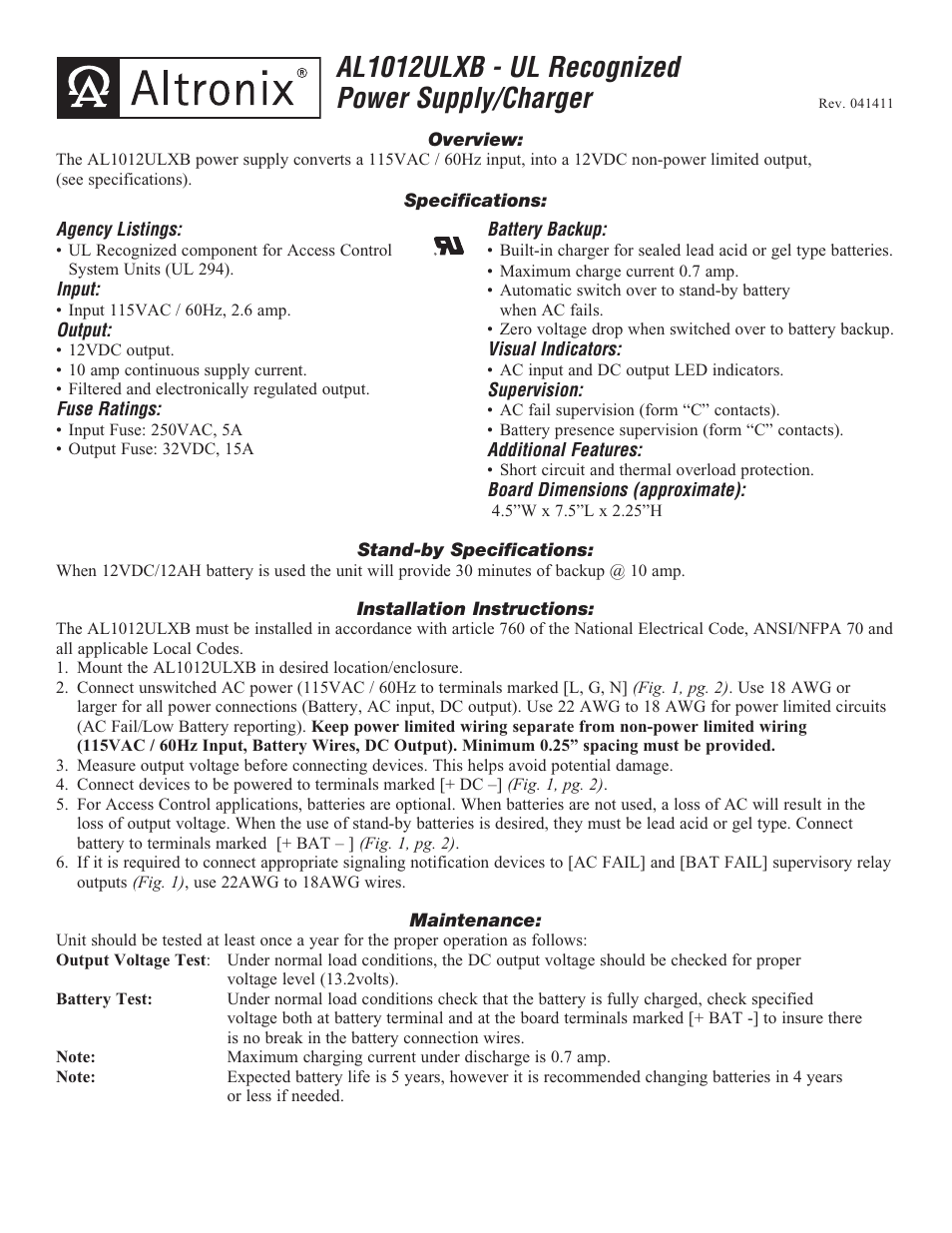 Altronix AL1012ULXB Installation Instructions User Manual | 2 pages
