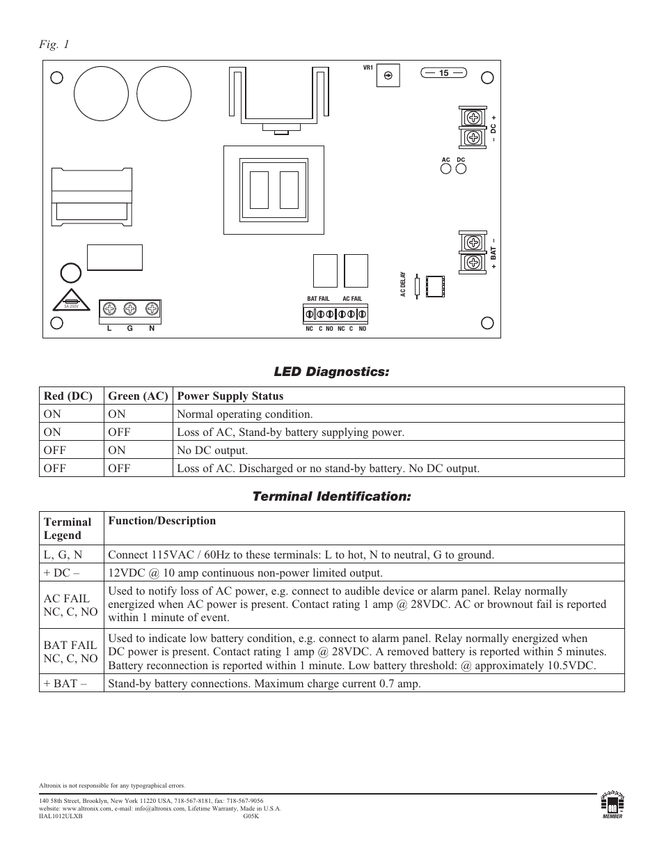 Led diagnostics, Terminal identification | Altronix AL1012ULXB Installation Instructions User Manual | Page 2 / 2