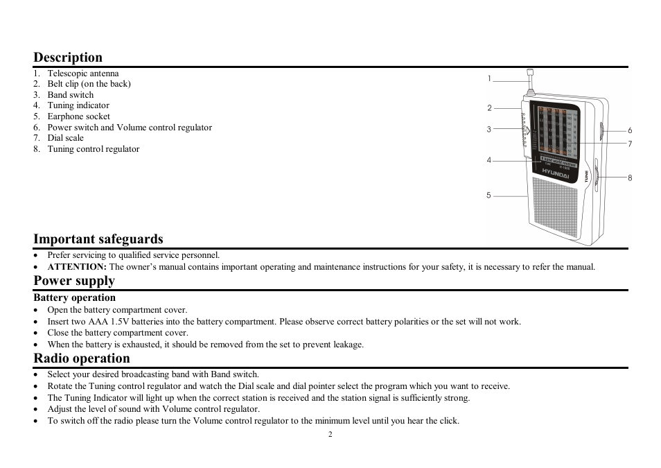 Description, Important safeguards, Power supply | Radio operation | Hyundai H-1600 User Manual | Page 2 / 5