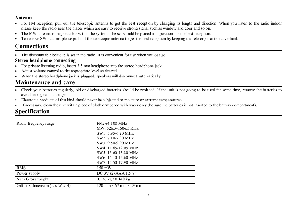 Connections, Maintenance and care, Specification | Hyundai H-1600 User Manual | Page 3 / 5