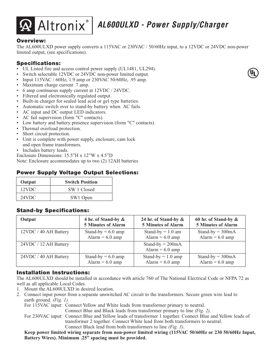 Altronix AL600ULXD Installation Instructions User Manual | 4 pages