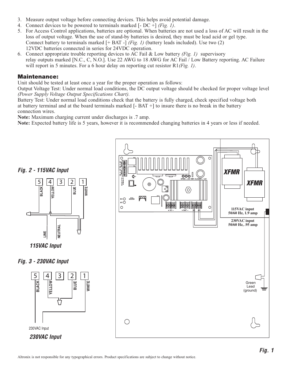 Xfmr, Maintenance, Fig. 1 | Fig. 2 - 115vac input, 230vac input | Altronix AL600ULXD Installation Instructions User Manual | Page 2 / 4