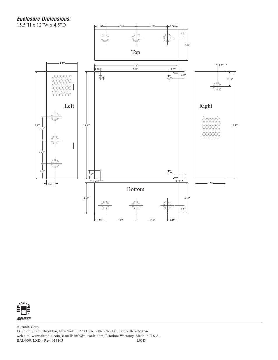 Enclosure dimensions | Altronix AL600ULXD Installation Instructions User Manual | Page 4 / 4
