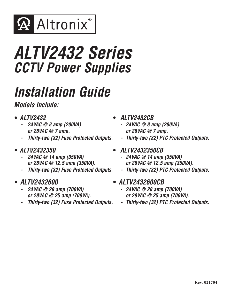 Altronix ALTV2432CB Installation Instructions User Manual | 8 pages
