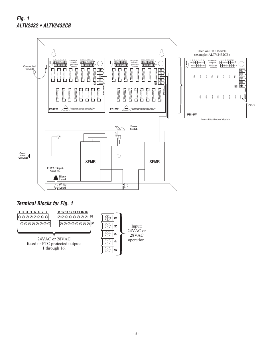 Terminal blocks for fig. 1, Xfmr, Used on ptc models (example: altv2432cb) | Altronix ALTV2432CB Installation Instructions User Manual | Page 4 / 8