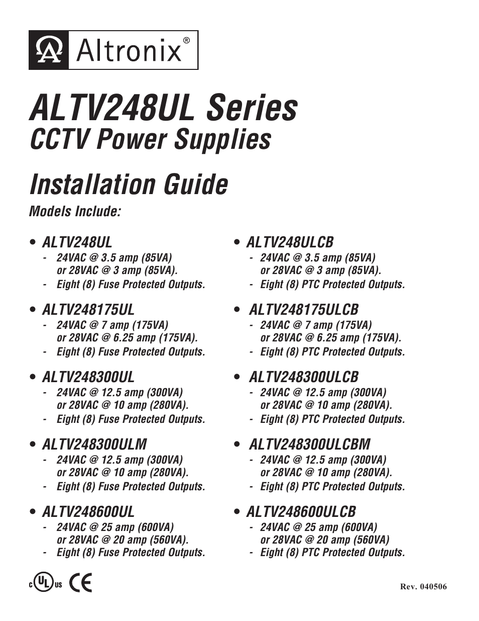 Altronix ALTV248UL Series Installation Instructions User Manual | 12 pages