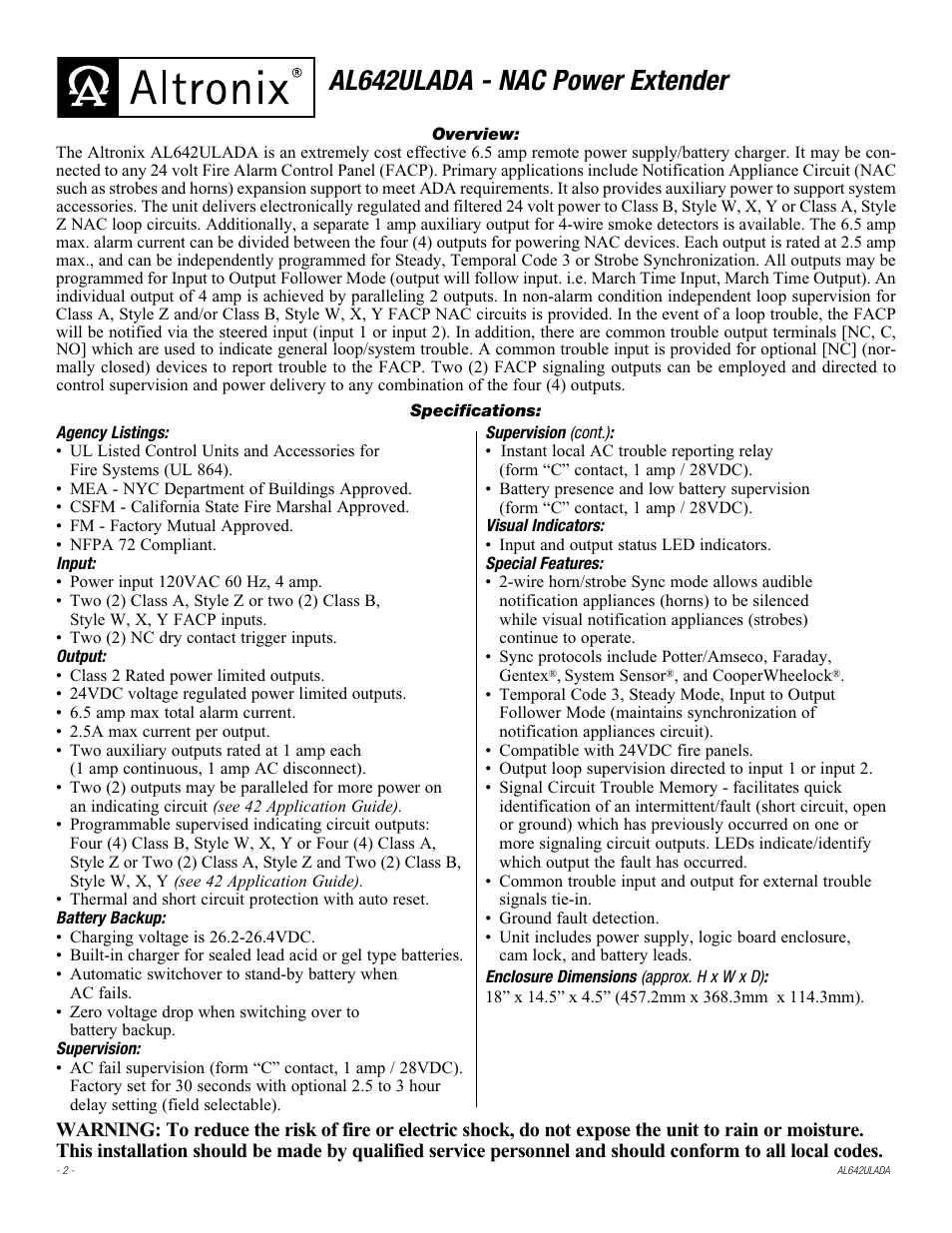 Al642ulada - nac power extender | Altronix AL642ULADA Installation Instructions User Manual | Page 2 / 16