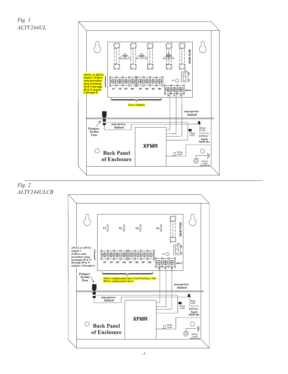 Fig. 1 altv244ul, Back panel of enclosure, Back panel of enclosure fig. 2 altv244ulcb | Xfmr | Altronix ALTV244ULCB3 Installation Instructions User Manual | Page 4 / 8