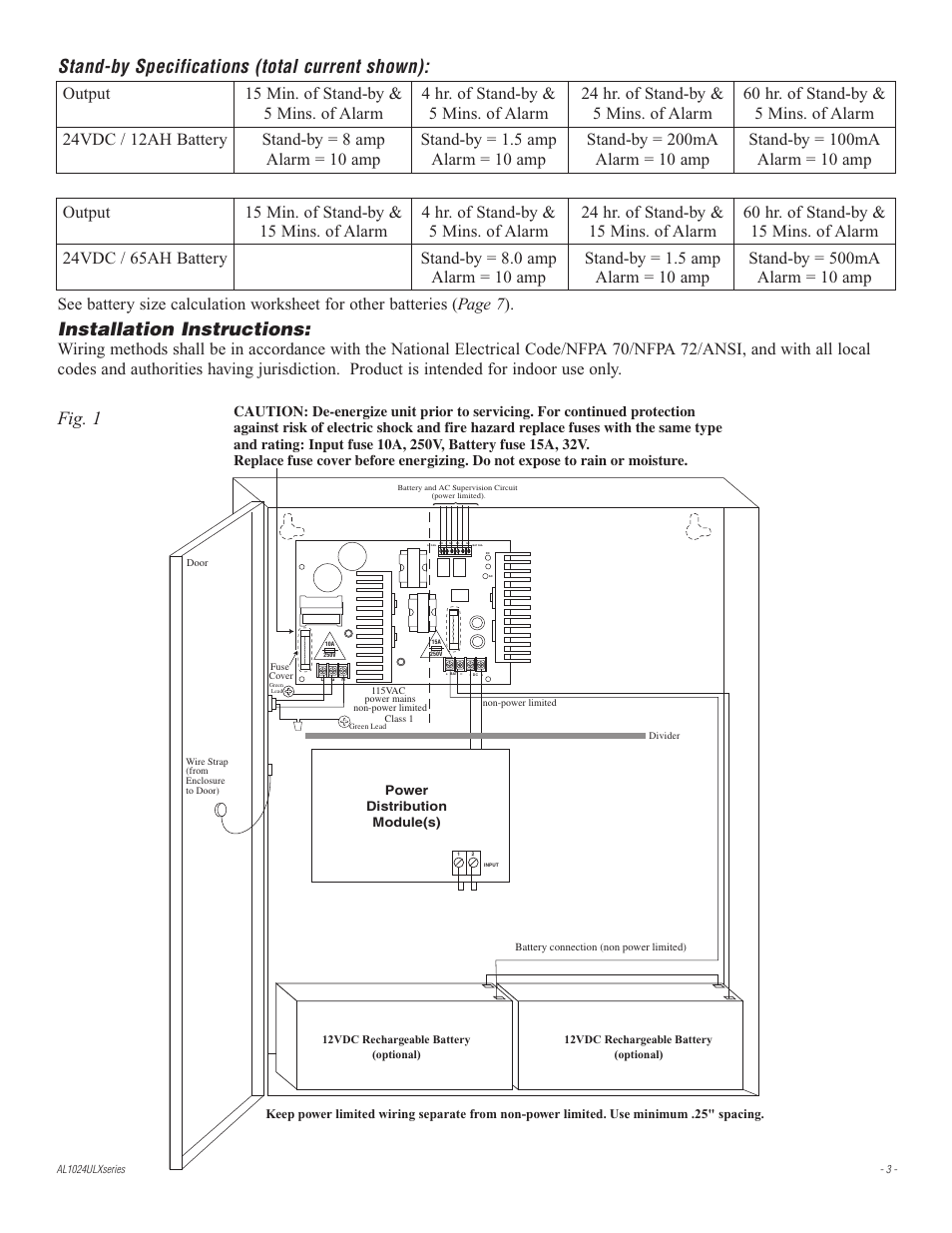 Stand-by specifications (total current shown), Installation instructions, Fig. 1 | Altronix AL1024ULXPD8R Installation Instructions User Manual | Page 3 / 8