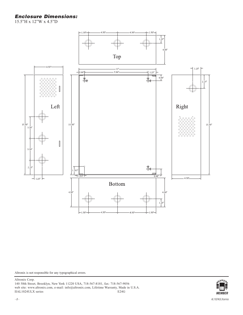 Enclosure dimensions | Altronix AL1024ULXPD8R Installation Instructions User Manual | Page 8 / 8