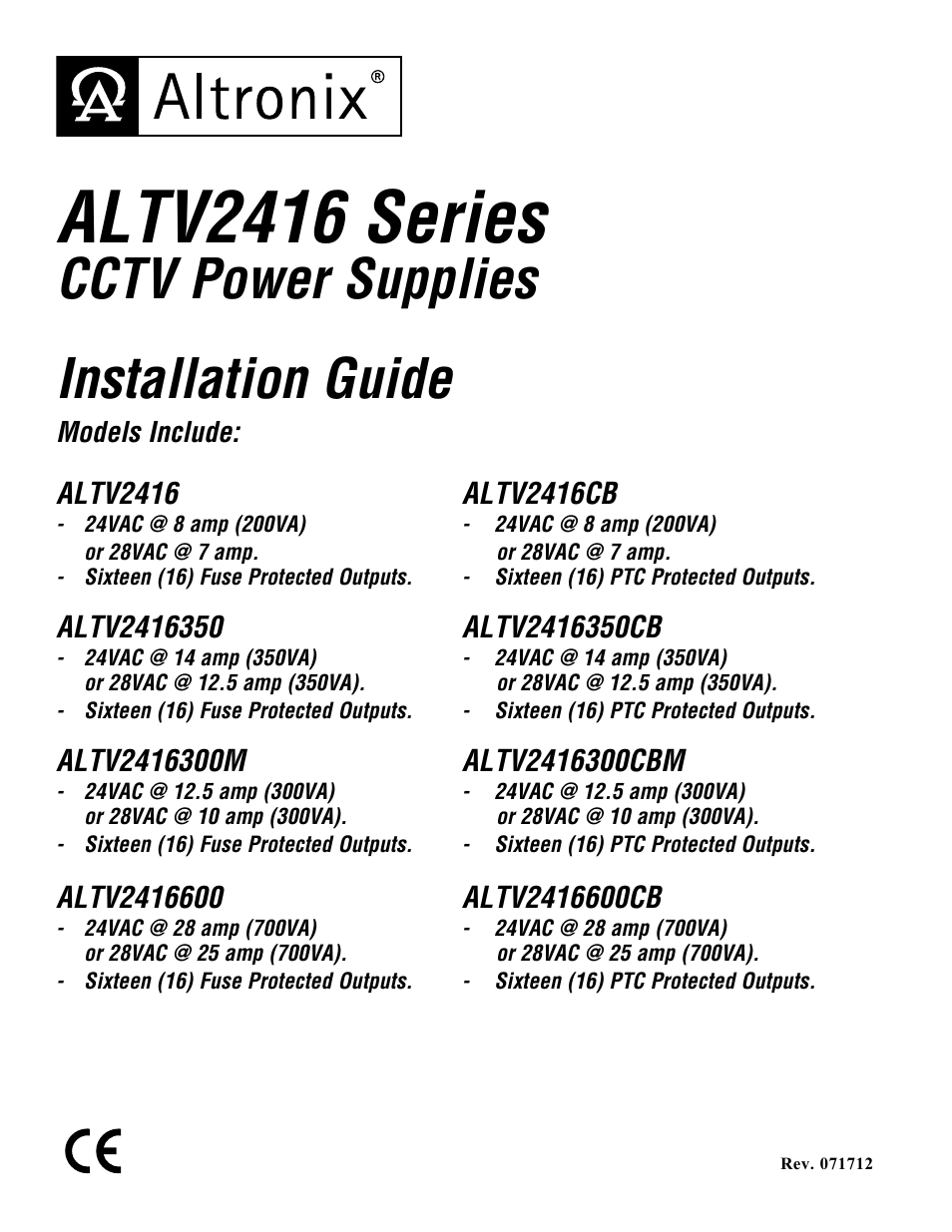 Altronix ALTV2416CB Installation Instructions User Manual | 8 pages