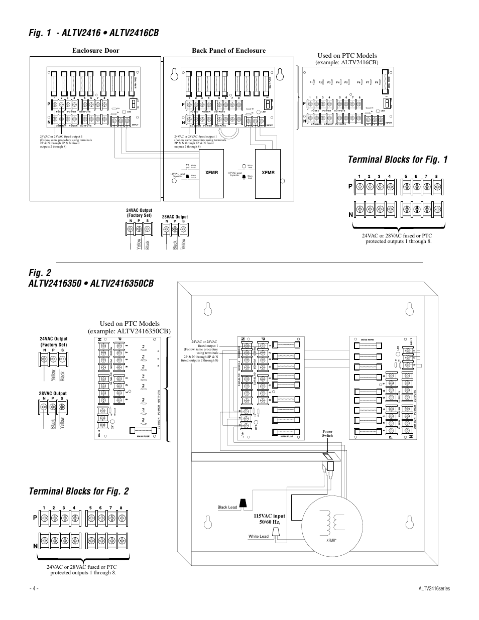 Terminal blocks for fig. 2, Terminal blocks for fig. 1, Enclosure door back panel of enclosure | Used on ptc models, Example: altv2416cb), Black, Black ye llow ye llow | Altronix ALTV2416CB Installation Instructions User Manual | Page 4 / 8