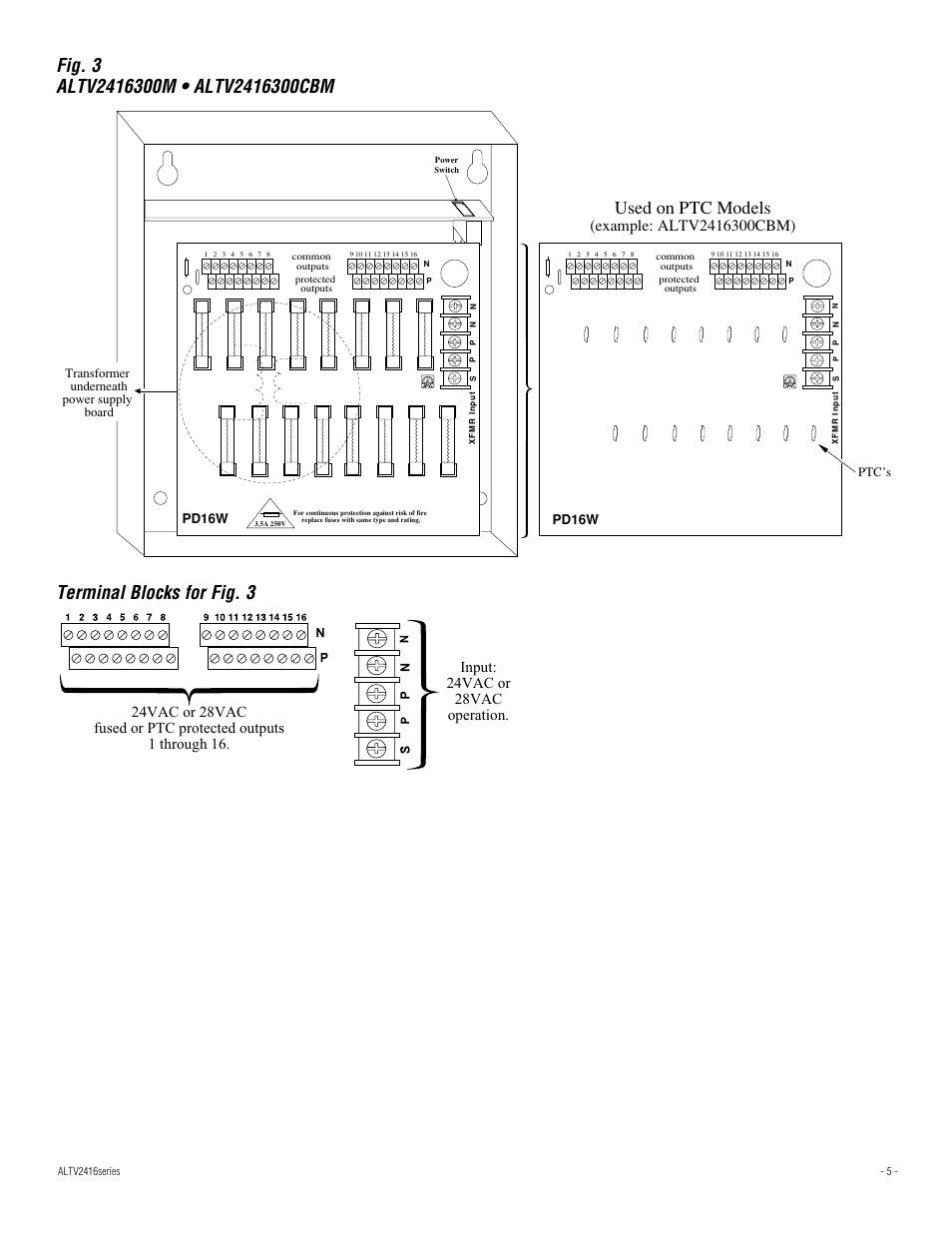 Used on ptc models, Terminal blocks for fig. 3 | Altronix ALTV2416CB Installation Instructions User Manual | Page 5 / 8