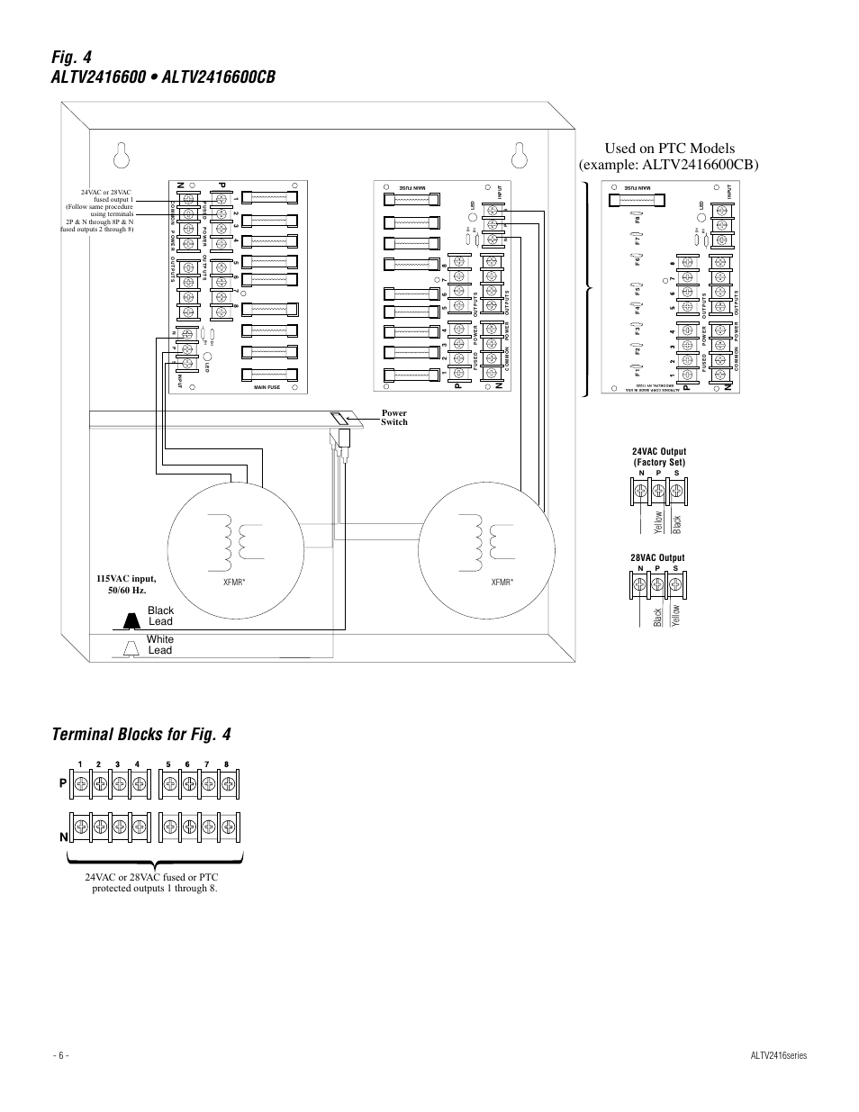 Terminal blocks for fig. 4, White lead, Black lead | Power switch | Altronix ALTV2416CB Installation Instructions User Manual | Page 6 / 8