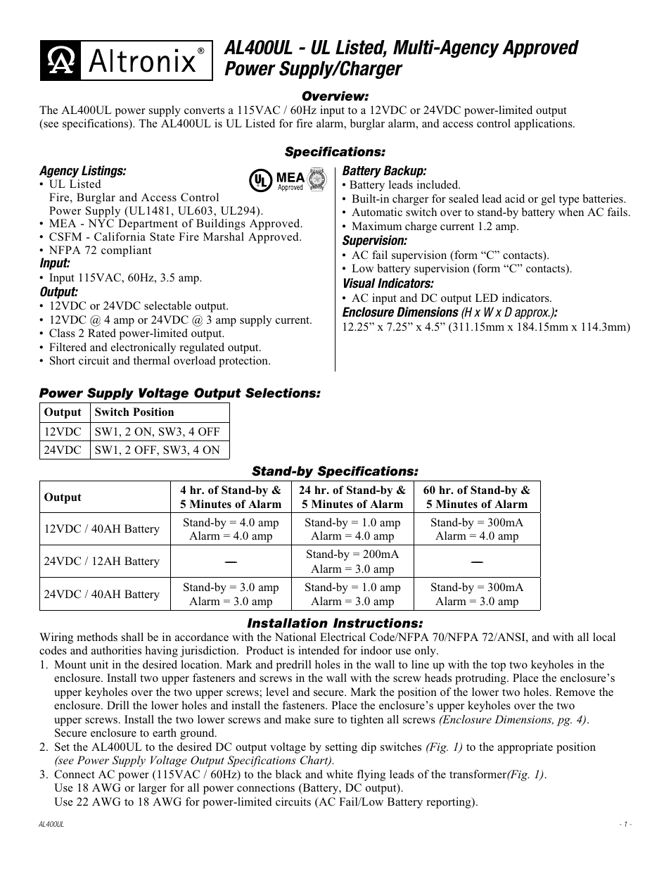 Altronix AL400UL Installation Instructions User Manual | 4 pages