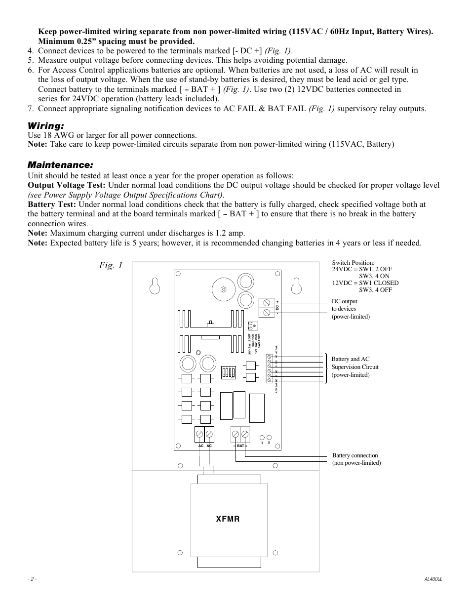 Wiring, Maintenance, Fig. 1 | Xfmr | Altronix AL400UL Installation Instructions User Manual | Page 2 / 4