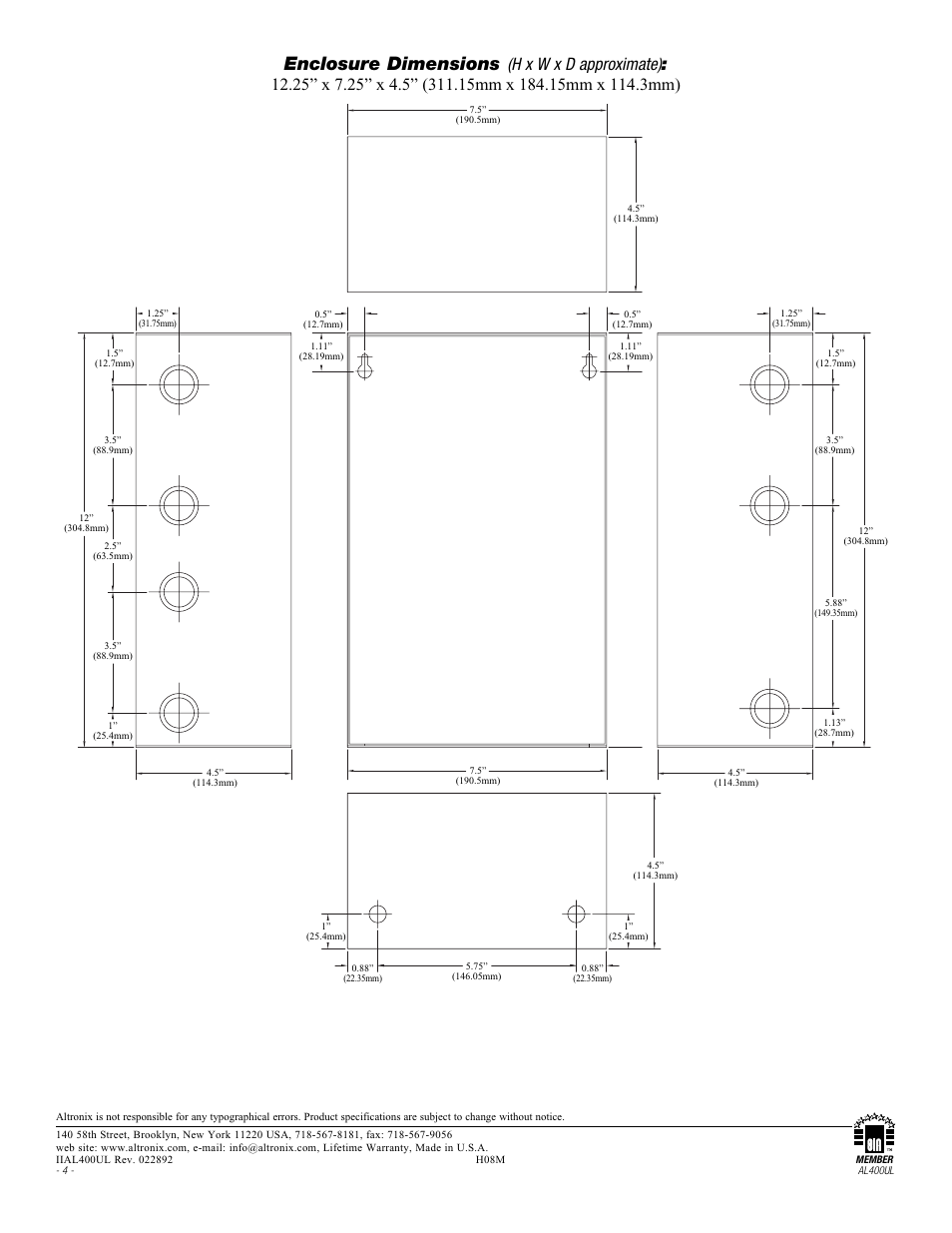 Enclosure dimensions | Altronix AL400UL Installation Instructions User Manual | Page 4 / 4